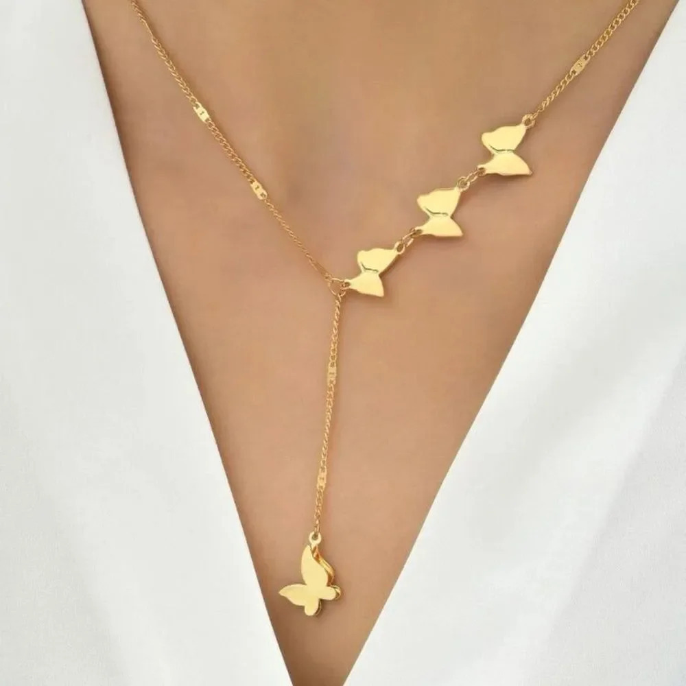 NEW Amazing Adjustable Gold tone Butterfly pull through necklace